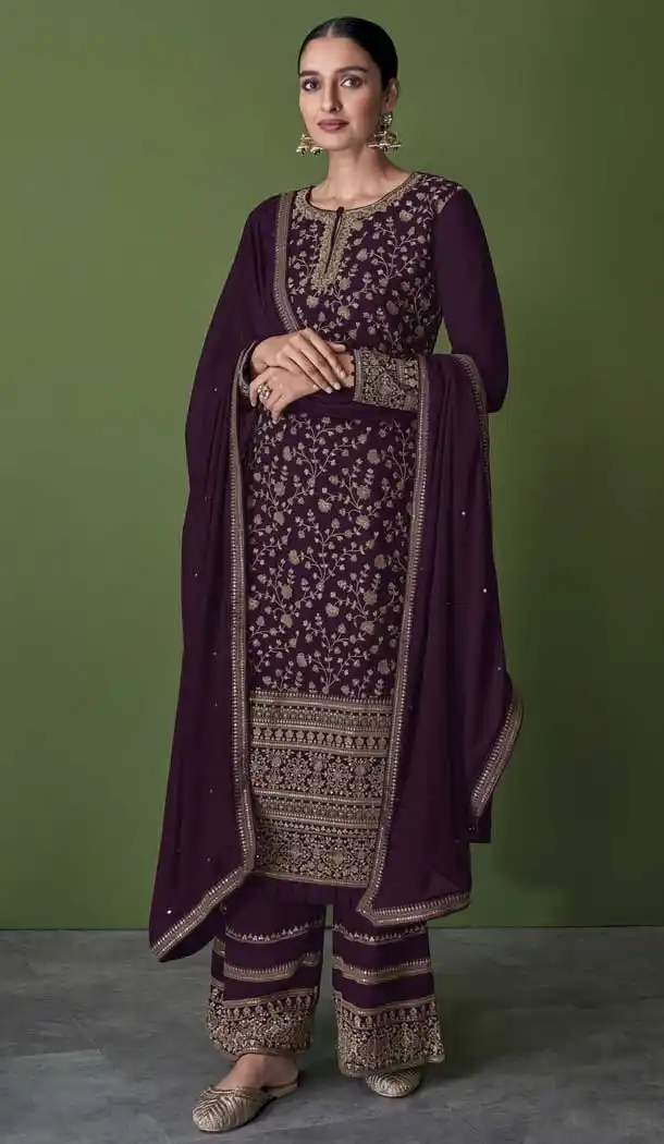 Wine Color Embroidery Work Georgette Pakistani Style Palazzo Salwar Kameez - 4475154858