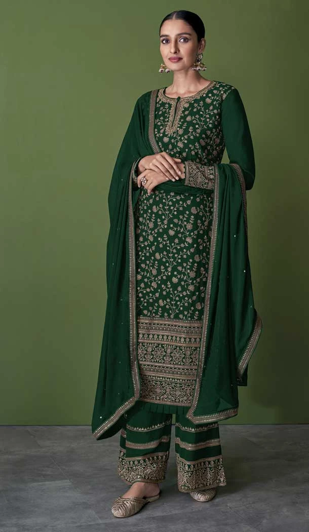Green Color Embroidery Work Georgette Pakistani Style Palazzo Salwar Kameez - 4475154859