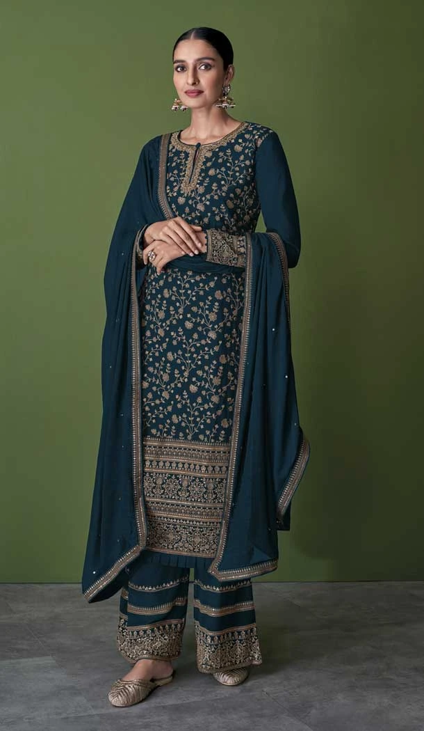 Sea Blue Embroidery Work Georgette Pakistani Style Palazzo Salwar Kameez -4475154861