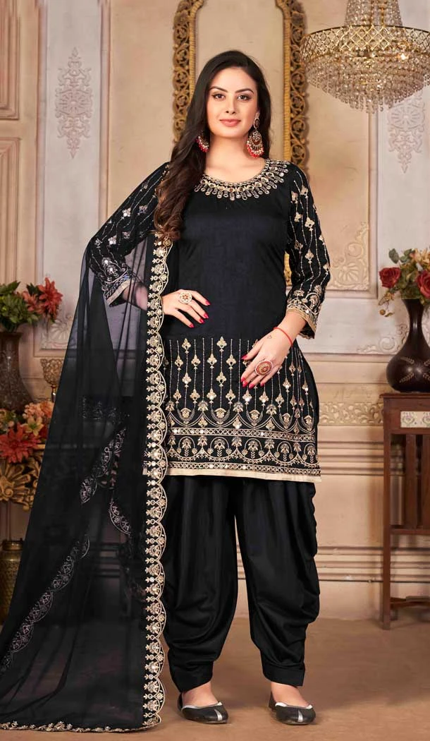 Black Color Embroidery Work Art Silk Punjabi Style Salwar Kameez - 4482154897