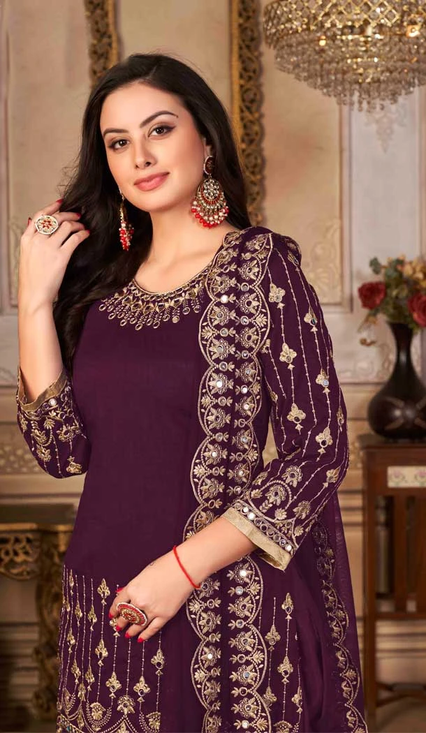 Wine Color Embroidery Work Art Silk  Punjabi Style Salwar Kameez - 4482154898