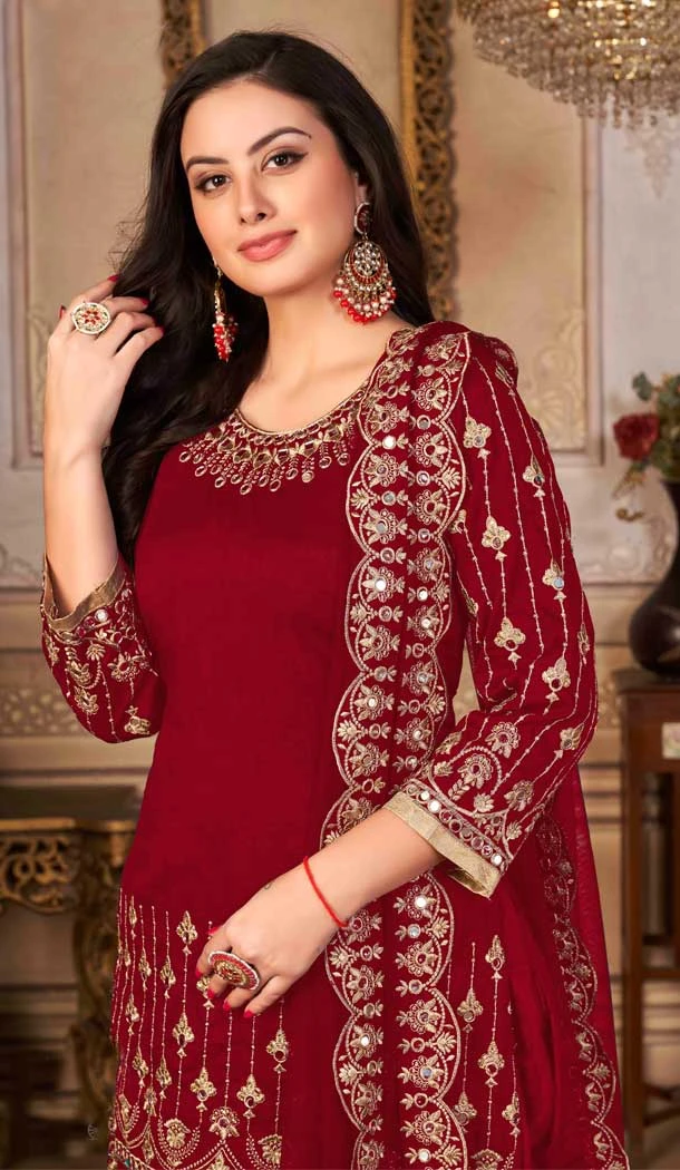 Maroon Color Embroidery Work Art Silk Punjabi Style Salwar Kameez - 4482154900