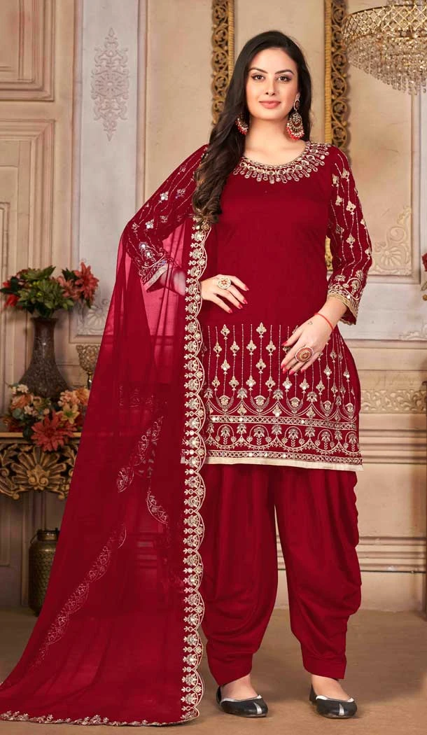 Maroon Color Embroidery Work Art Silk Punjabi Style Salwar Kameez - 4482154900