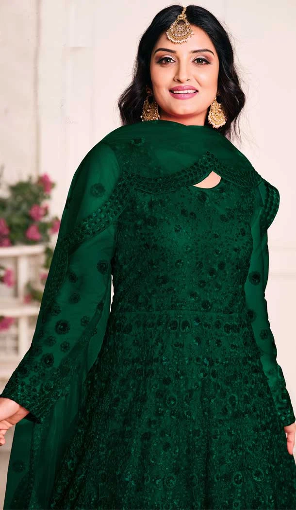 Green Color Net Sequence Work Party Wear Long Gown Dresses - 4483154902