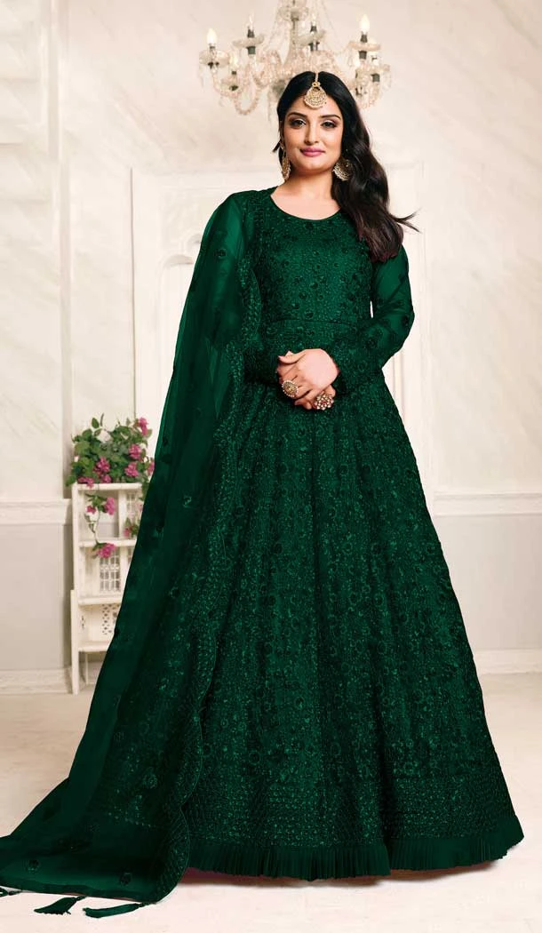 Green Color Net Sequence Work Party Wear Long Gown Dresses - 4483154902