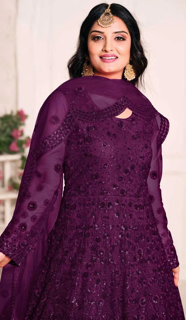 Wine Color Net Sequence Work Party Wear Long Gown Dresses - 4483154903