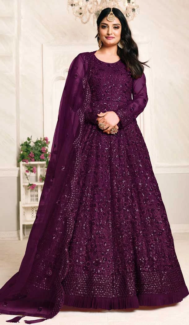 Wine Color Net Sequence Work Party Wear Long Gown Dresses - 4483154903