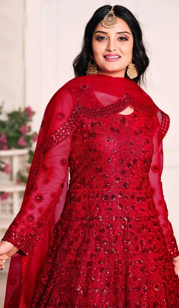 Red Color Net Sequence Work Party Wear Long Gown Dresses - 4483154904