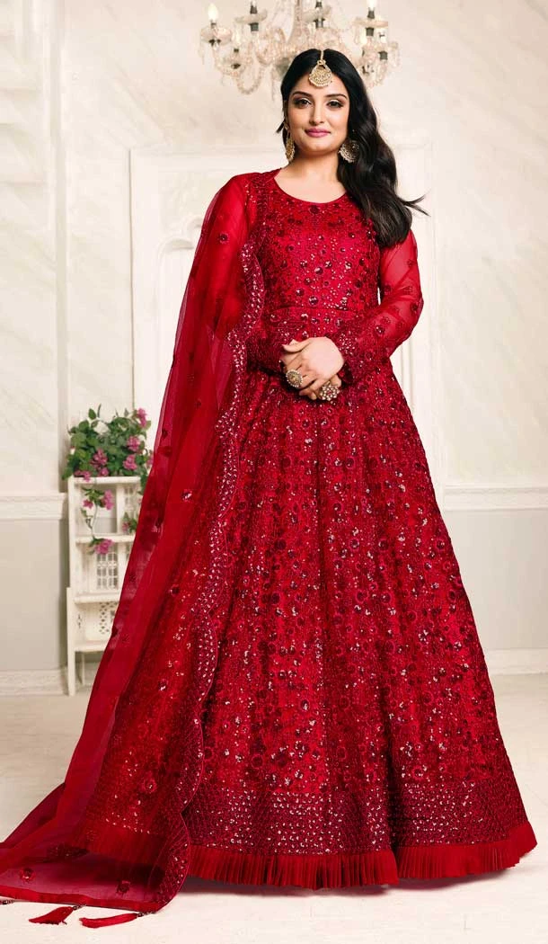 Red Color Net Sequence Work Party Wear Long Gown Dresses - 4483154904
