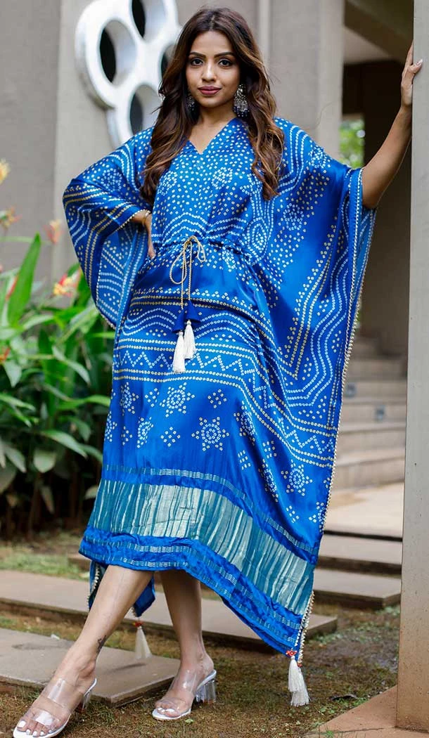 Blue Color Pure Gaji Silk Bandhani Digital Print Party Wear Kaftan Kurti -4485154910