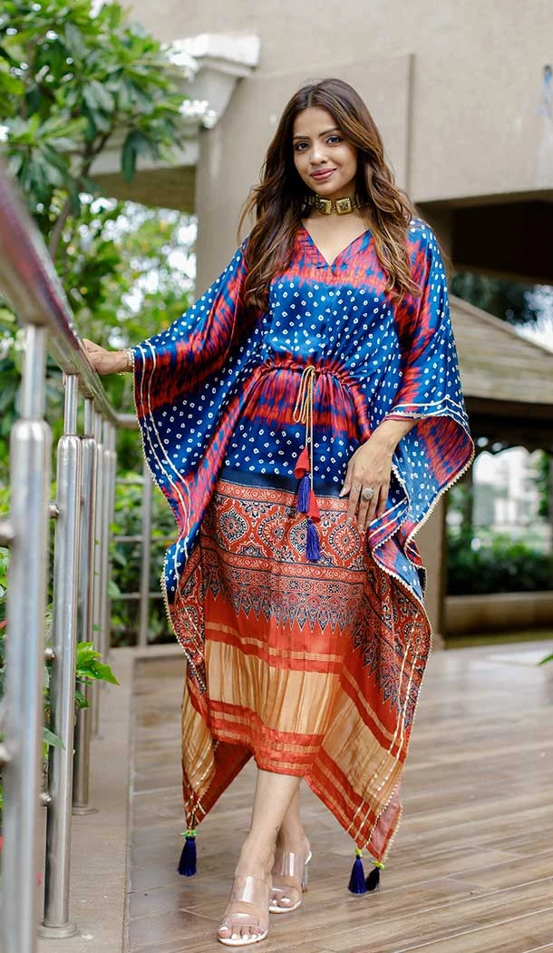 Navy Blue Color Pure Gaji Silk Bandhani Digital Print Party Wear Kaftan Kurti -4485154911