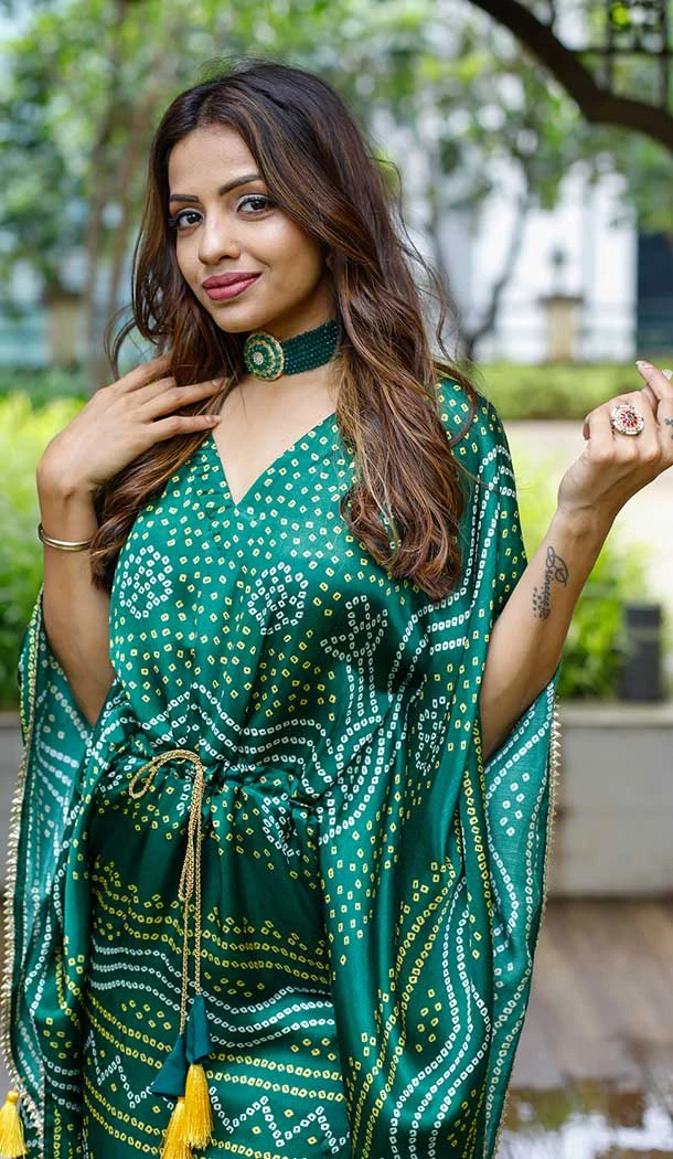 Green Color Pure Gaji Silk Bandhani Digital Print Party Wear Kaftan Kurti -4486154914