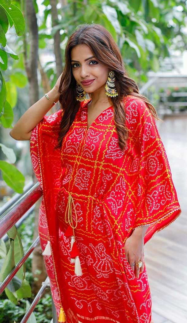 Red Color Pure Gaji Silk Bandhani Digital Print Party Wear Kaftan Kurti -4486154916