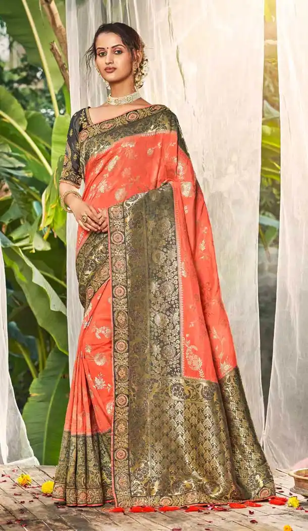Peach Color Dola Silk Stone Work Traditional Designer Wear Saree -4499154984