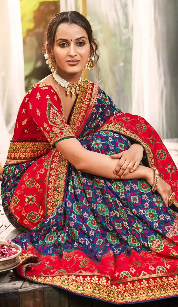 Blue and Red Color Dola Silk Stone Work Traditional Designer Wear Saree -4499154985