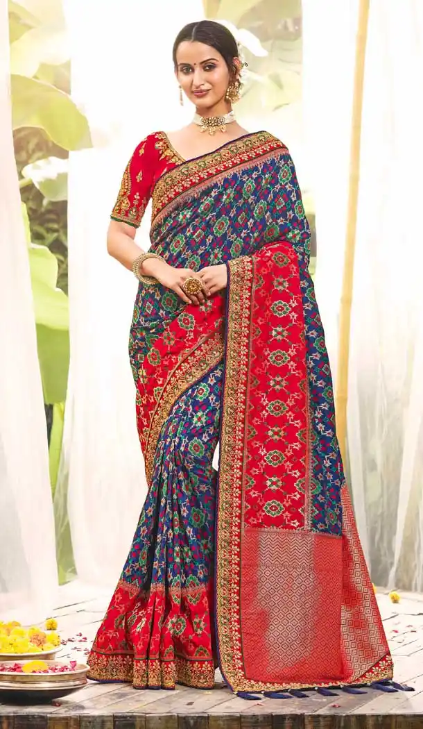 Blue and Red Color Dola Silk Stone Work Traditional Designer Wear Saree -4499154985