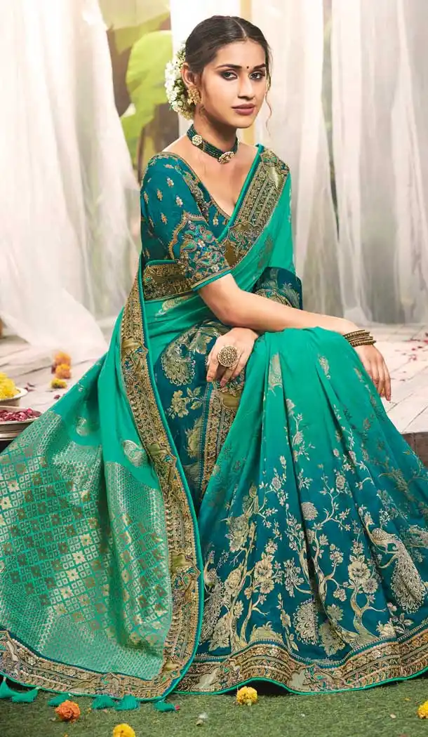 Green Color Dola Silk Stone Work Traditional Designer Wear Saree -4499154986