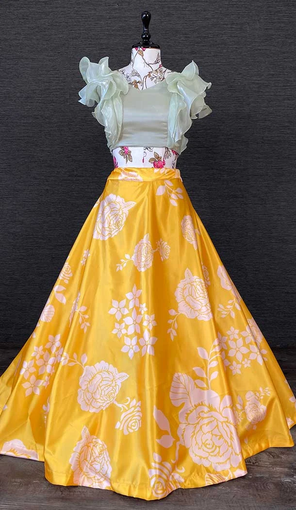 Yellow Pista Color Floral Print Work Heavy Dull Satin Western Style Lehenga -4503155009