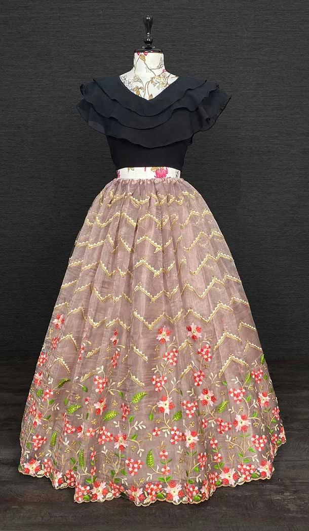 Grey Black Color Embroidery And Stone Work Organza Western Style Lehenga -4503155013