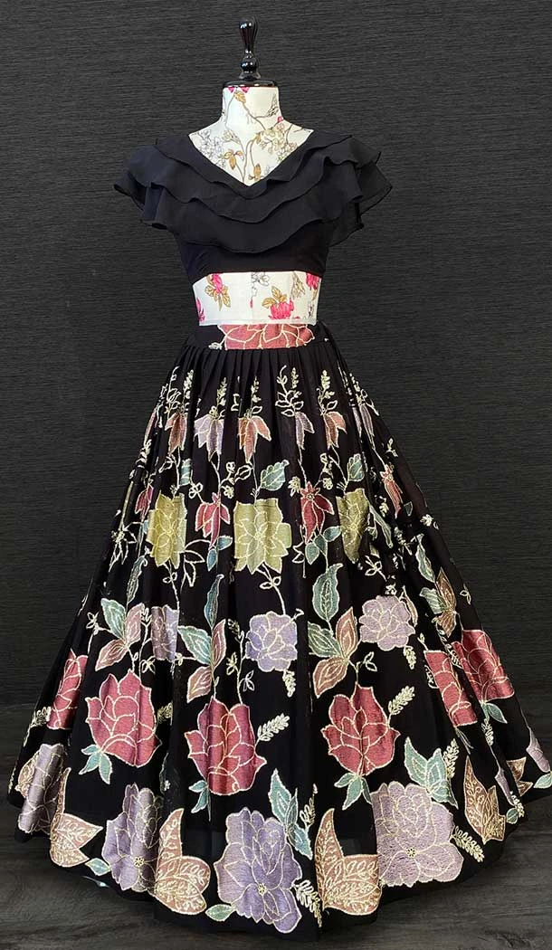 Black Color Thread And Sequence Embroidered Work Georgette Western Style Lehenga - 4503155017