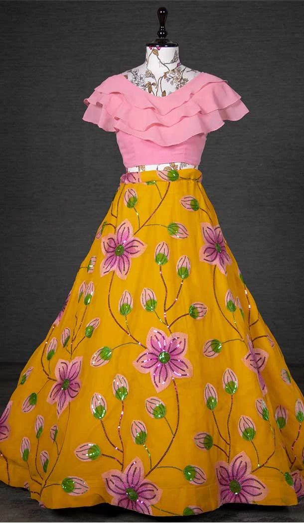 Mustard Pink Color Thread And Embroidered Work Georgette Western Style Lehenga -4503155027