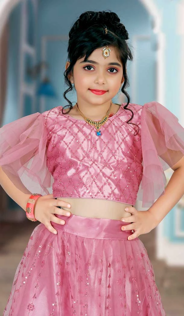 Dark Pink Color Embroidered Party Wear Net Kids Girl Lehenga Choli -4466154820