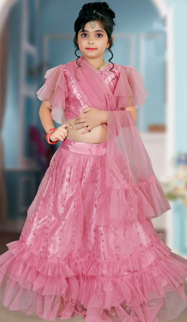 Dark Pink Color Embroidered Party Wear Net Kids Girl Lehenga Choli -4466154820