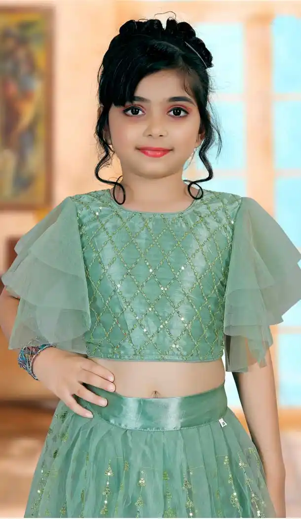 Dark Sea Green Color Embroidered Net Party Wear Kids Girl Lehenga Choli -4466154821