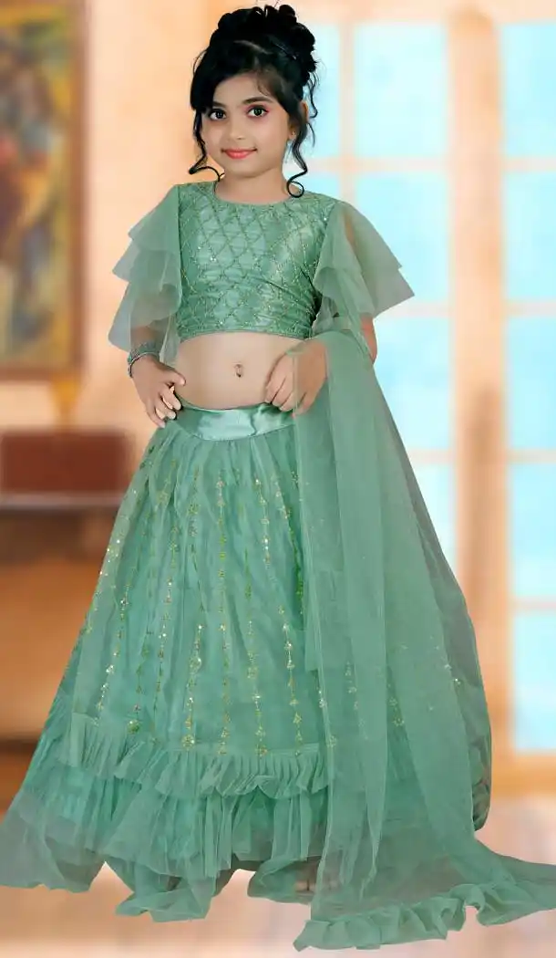 Dark Sea Green Color Embroidered Net Party Wear Kids Girl Lehenga Choli -4466154821