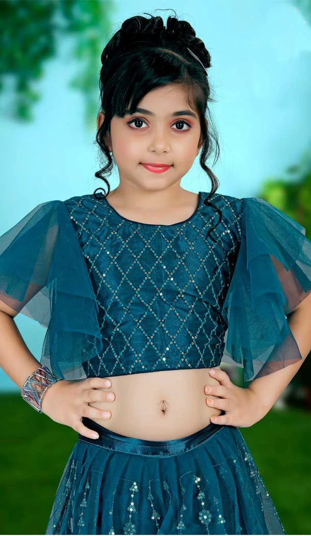 Prussian Blue Color Embroidered Net Party Wear Kids Girl Lehenga Choli -4466154822