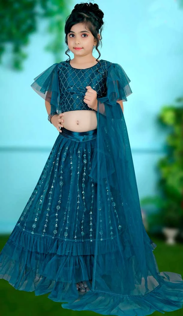 Prussian Blue Color Embroidered Net Party Wear Kids Girl Lehenga Choli -4466154822