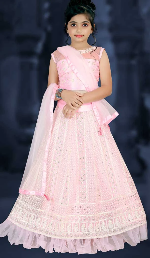 Dark Pink Color Net Lucknowi Work Party Wear Kids Girl Lehenga Choli  -4467154824
