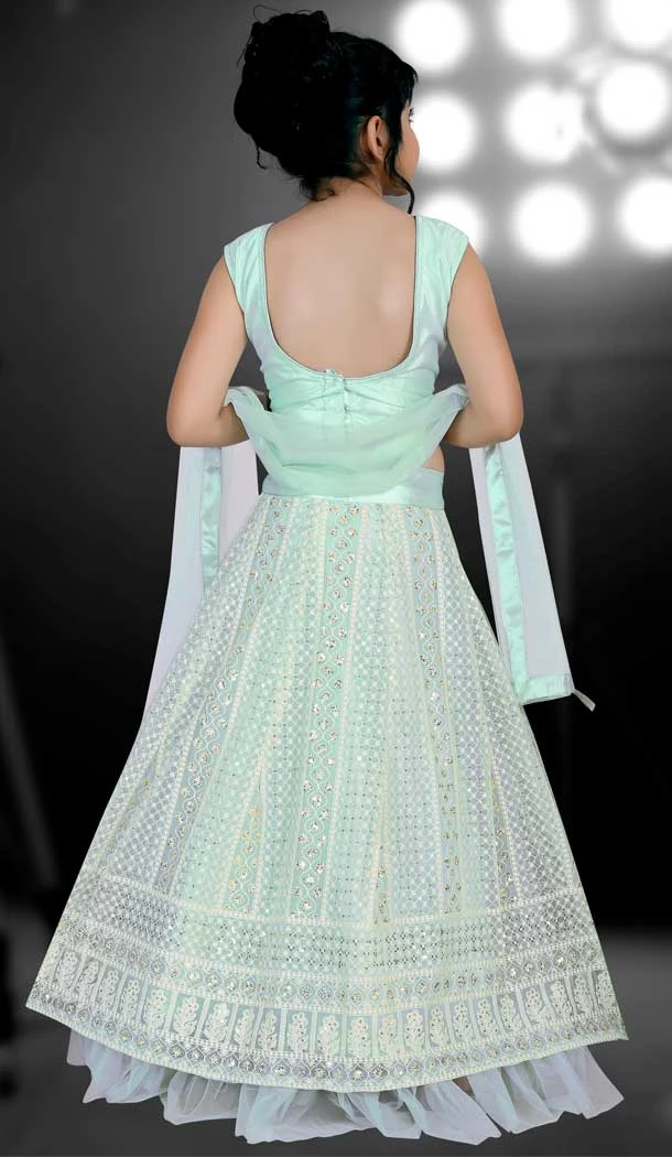 Mint Green Color Net Lucknowi Work Party Wear Kids Girl Lehenga Choli  -4467154825