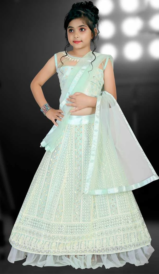 Mint Green Color Net Lucknowi Work Party Wear Kids Girl Lehenga Choli  -4467154825