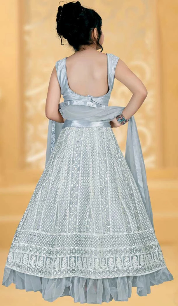 Grey Color Net Lucknowi Work Party Wear Kids Girl Lehenga Choli  -4467154826