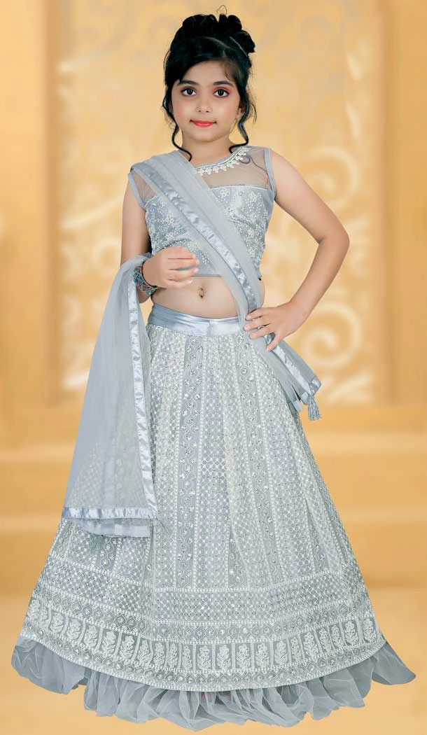 Grey Color Net Lucknowi Work Party Wear Kids Girl Lehenga Choli  -4467154826