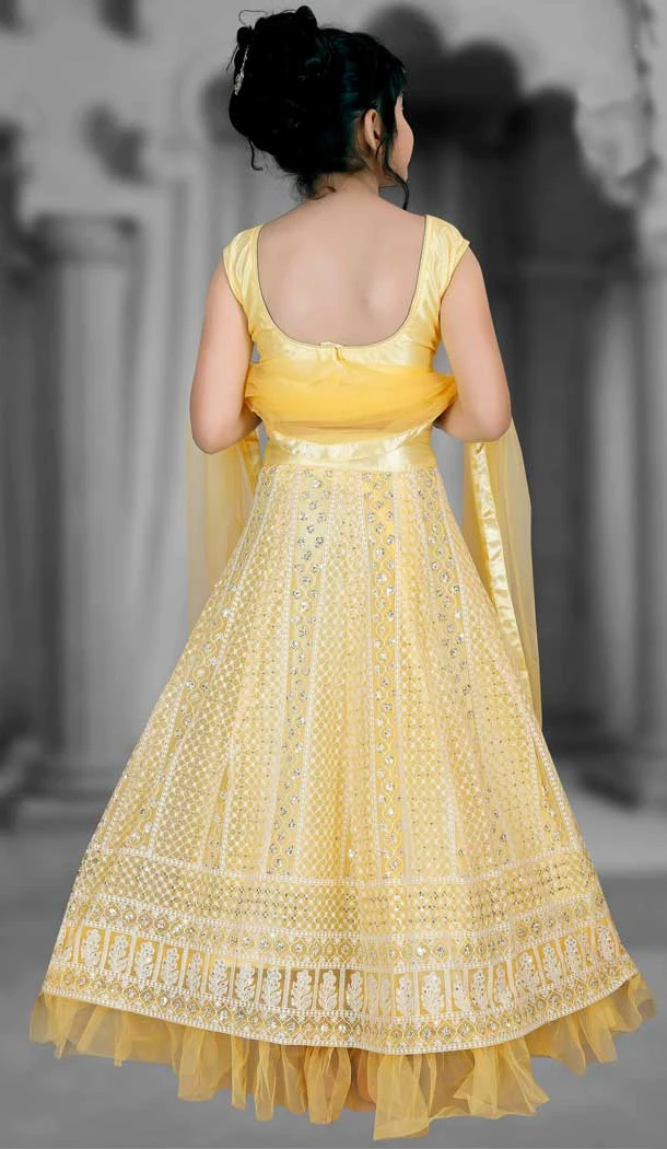 Yellow Color Net Lucknowi Work Party Wear Kids Girl Lehenga Choli  -4467154827