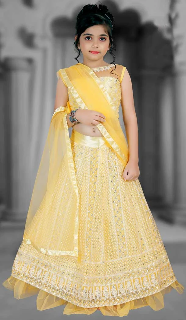 Yellow Color Net Lucknowi Work Party Wear Kids Girl Lehenga Choli  -4467154827