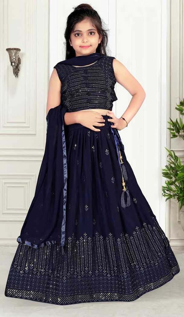 Navy Blue Color Georgette Sequence Thread Work Party Wear Kids Girl Lehenga Choli -4468154829