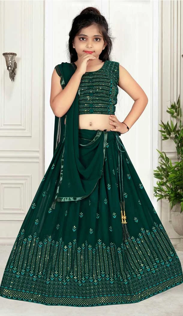 Green Color Georgette Sequence Thread Work Party Wear Kids Girl Lehenga Choli -4468154831
