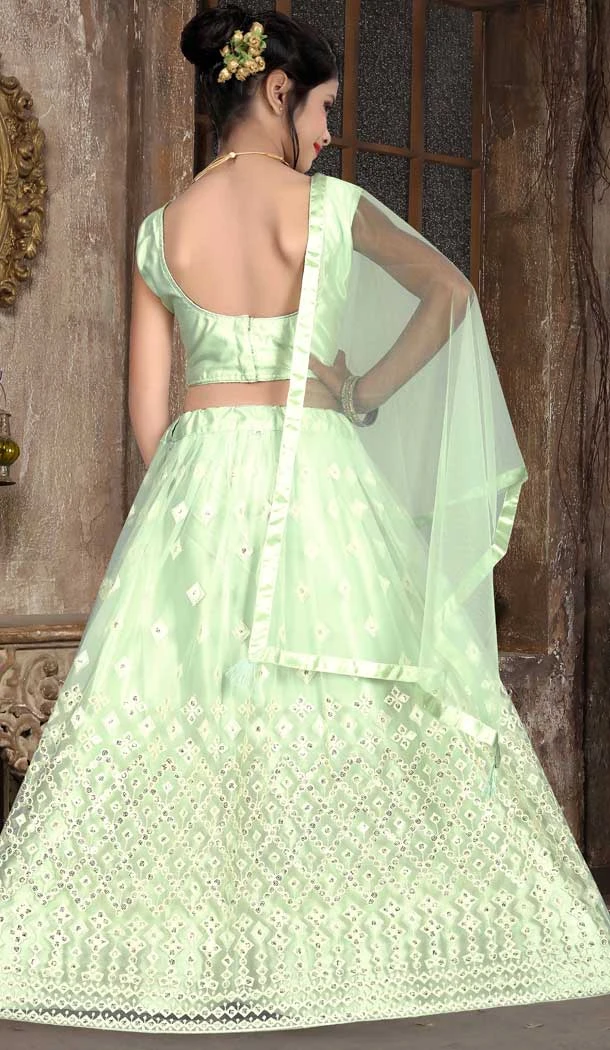 Light Green Color Net Sequence Thread Work Party Wear Kids Girl Lehenga Choli - 4469154832