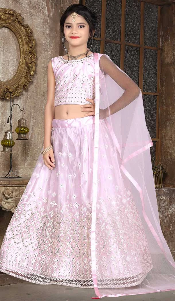 Light Pink Color Net Sequence Thread Work Party Wear Kids Girl Lehenga Choli -4469154834