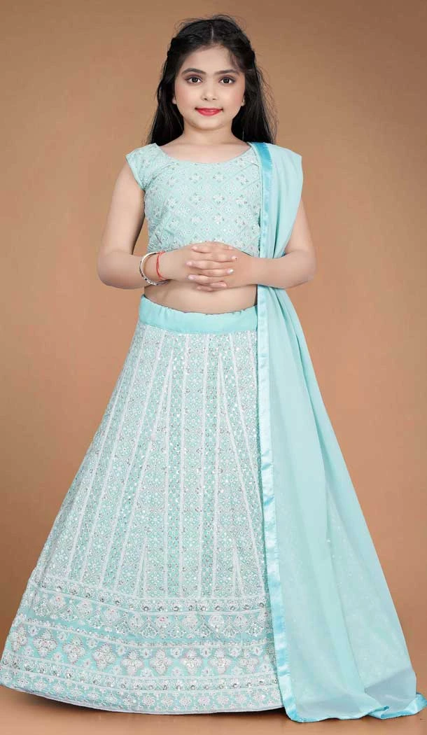Sky Blue Color Heavy Fox Georgette Kids Girls Party Wear Lehenga Choli -4470154836