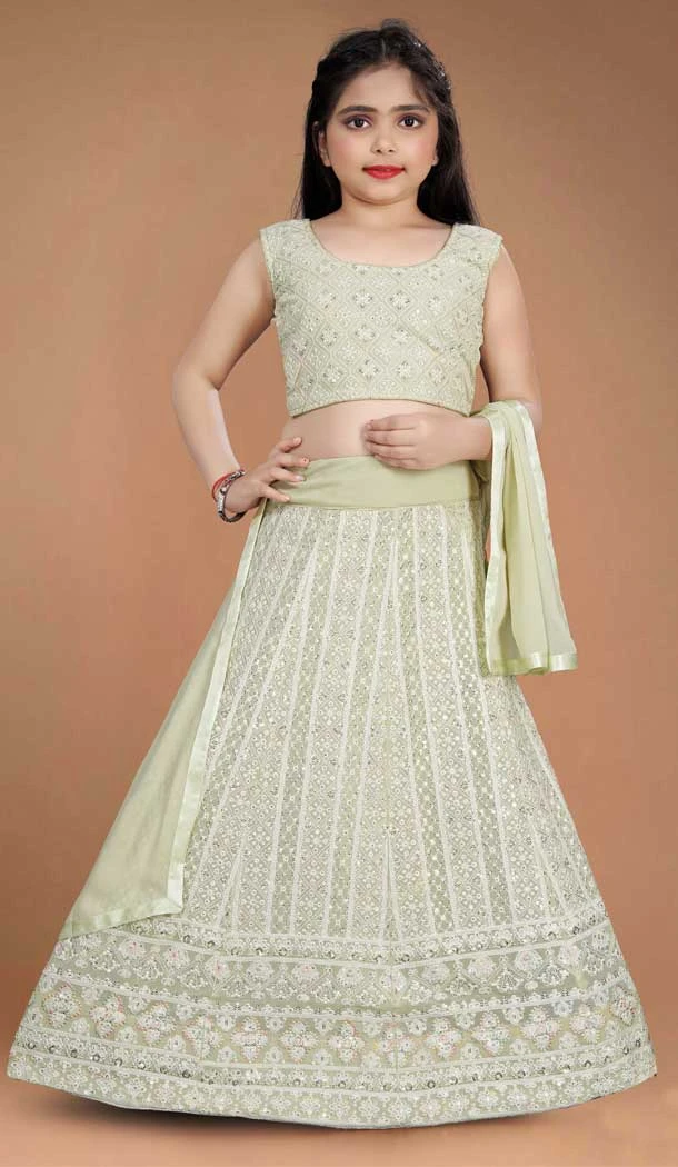 Light Pista Green Heavy Fox Georgette Kids Girls Party Wear Lehenga Choli -4470154839
