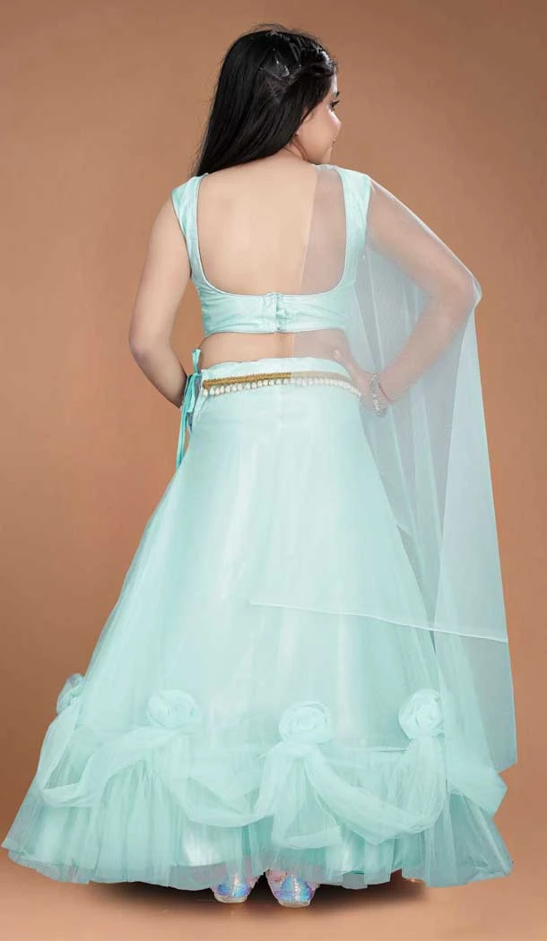 Sky Blue Color Heavy Net Handwork With Kids Girls Party Wear Lehenga Choli -4471154840