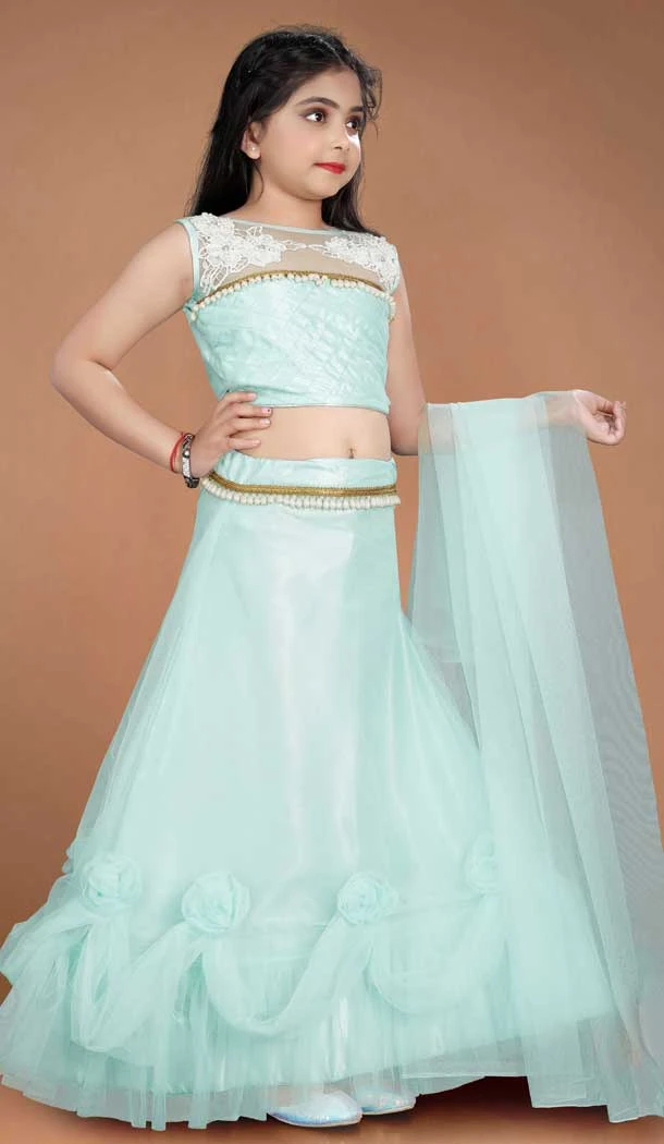 Sky Blue Color Heavy Net Handwork With Kids Girls Party Wear Lehenga Choli -4471154840