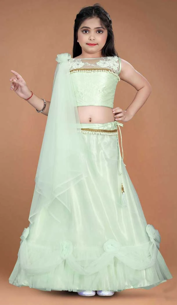 Light Green Color Heavy Net Handwork With Kids Girls Party Wear Lehenga Choli -4471154842