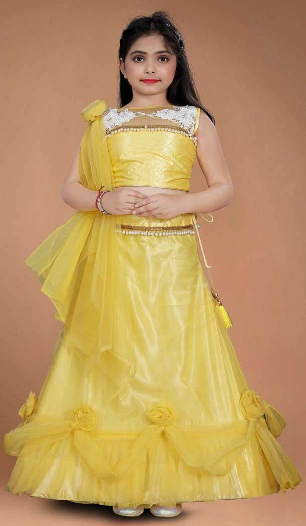 Yellow Color Heavy Net Handwork With Kids Girls Party Wear Lehenga Choli -4471154843