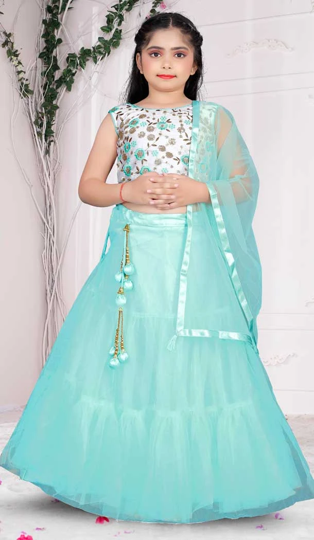 Sky Blue Color Embroidered Net Kids Girls Lehenga Choli -4472154845 