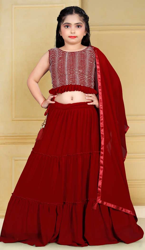 Maroon Georgette Embroidery With Girls Party Wear Lehenga Choli -4473154849